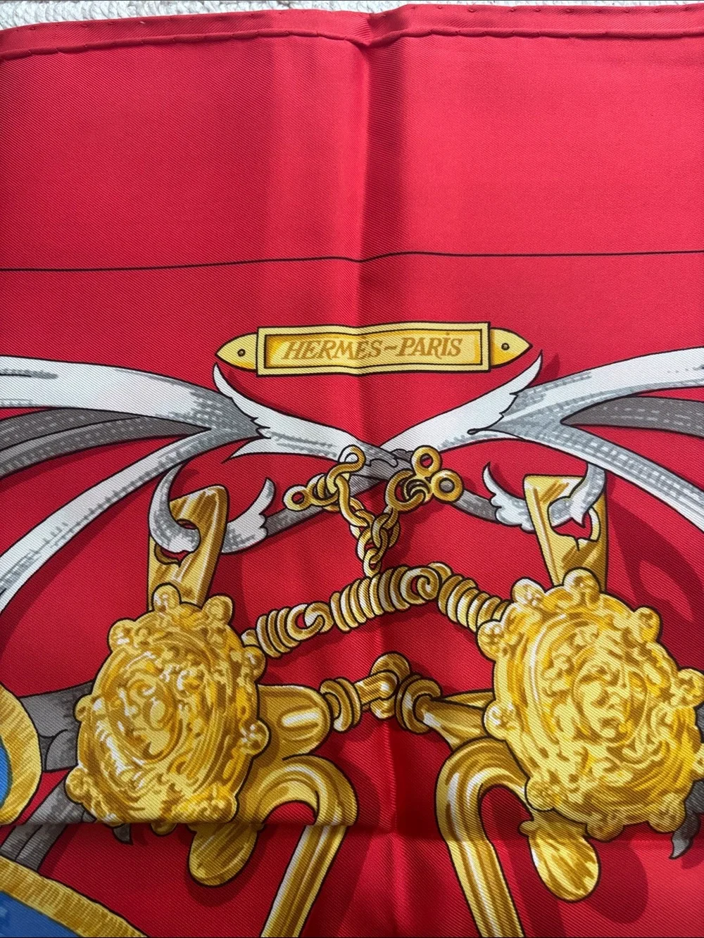 New with tag authentic Hermes Red, Gold, Blue Baroque Silk Scarf